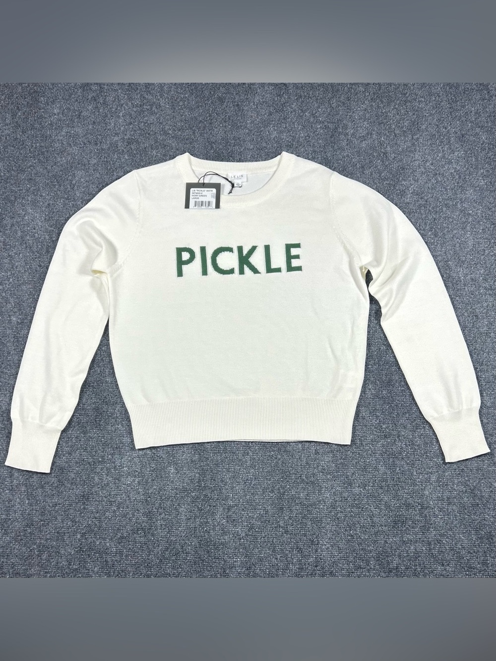 Le Lis Cream Knit 'PICKLE' Sweater with Green Lettering women’s large.